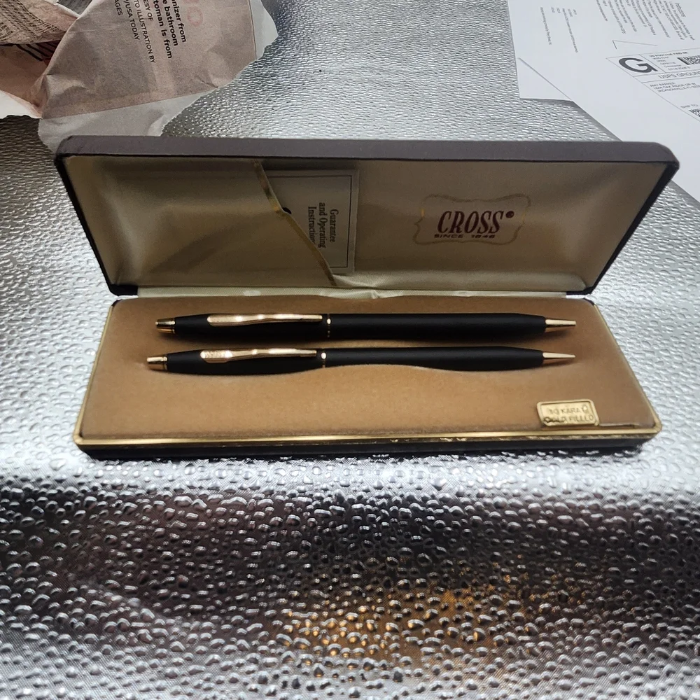 VINTAGE BLACK CROSS BALL PEN & PENCIL SET 10k gold filled w/case D2